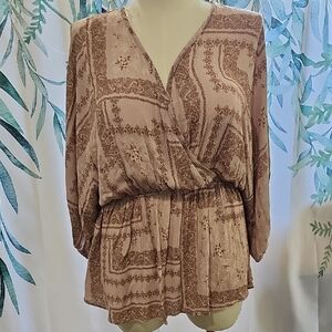 HoneyMe Curvy Elegant Paisley Blouse in Pink and Brown